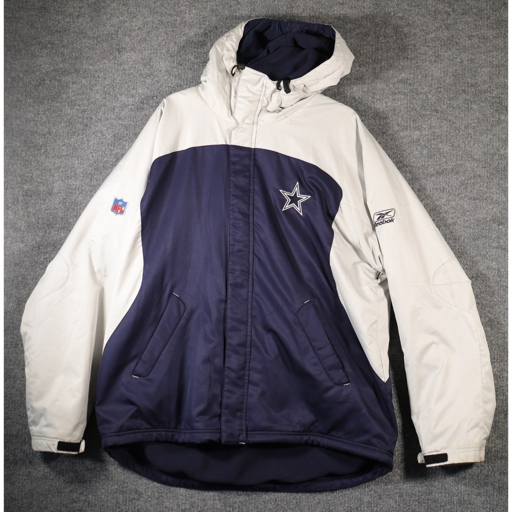 Dallas Cowboys Reebok NFL Hood Jacket Mens XL Vintage 90s Colorblock Lined Long